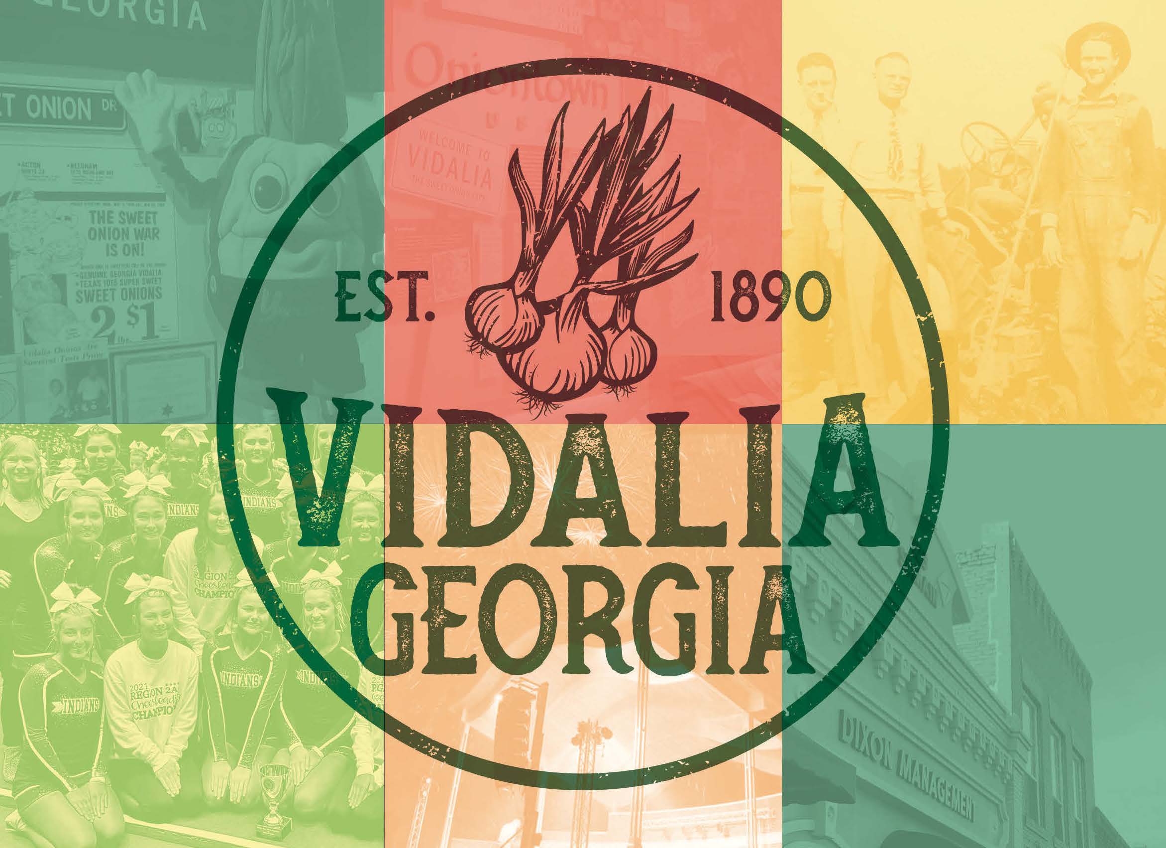 The Vodalia brand, with handdrawn Vidalia onion, is shown printed atop 4 sepia pictures.